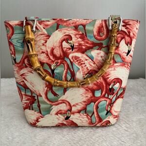 Flamingo Print Tote Bag with Bamboo Handles